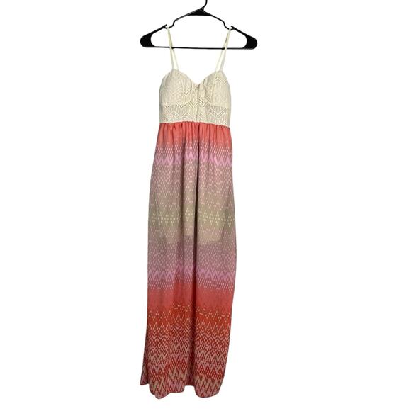 Three Pink Hearts Trixxi Maxi Dress Small Crochet Lace Bodice Ombre Chevron Boho - Picture 1 of 5